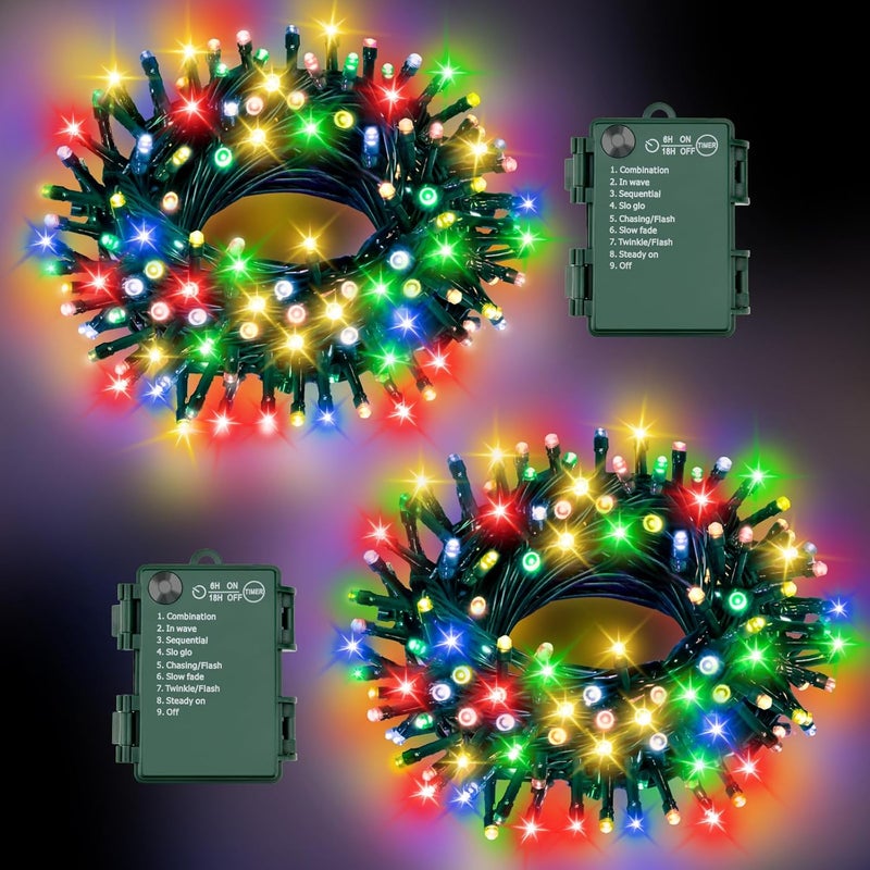 FFZZKJ Christmas Lights Outdoor Battery Operated String Lights Total 100LED 33Ft with Timer 8 Modes 16.4Ft*2 Waterproof Outdoor Indoor for Christmas Decor, Multicolor, 2-Pack - Image 1